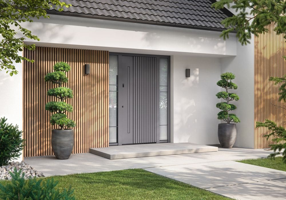 Anthrazitfarbene Haustür mit Lamellenverkleidung aus Aluminium