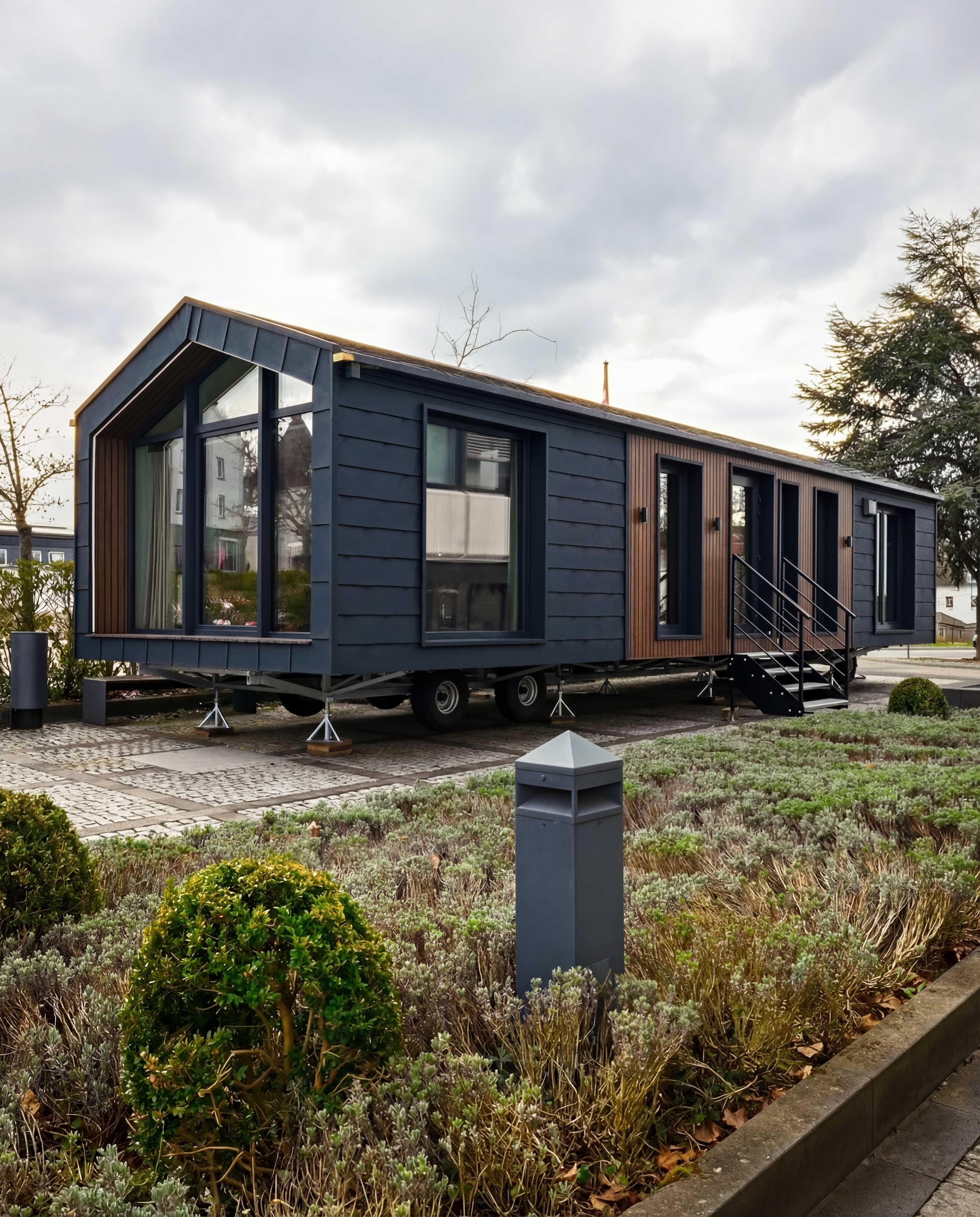Modernes Tiny House mit Holz- und Anthrazitfassade von außen
